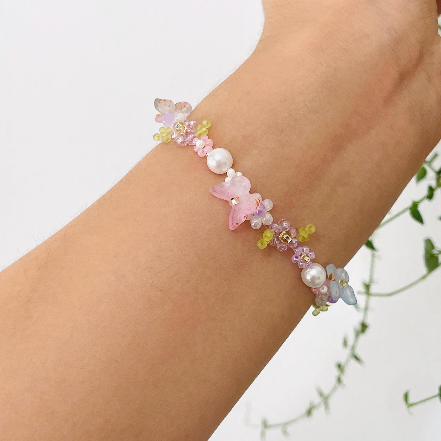 Handmade Pearl Beaded Phone Charm Strap: Butterfly Flower Chain