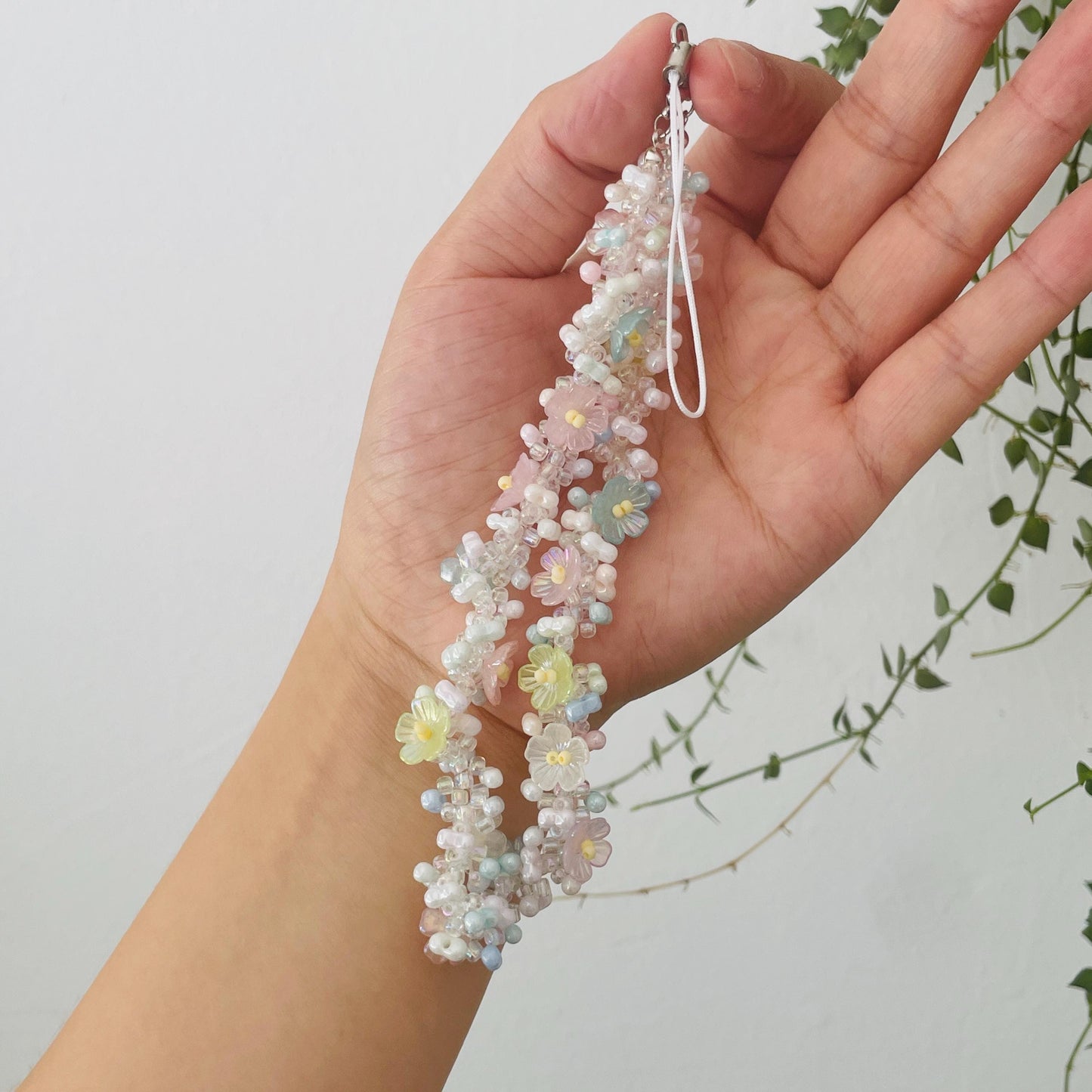 Handmade Beaded Flower Phone Charm Strap: Pastel Bracelet