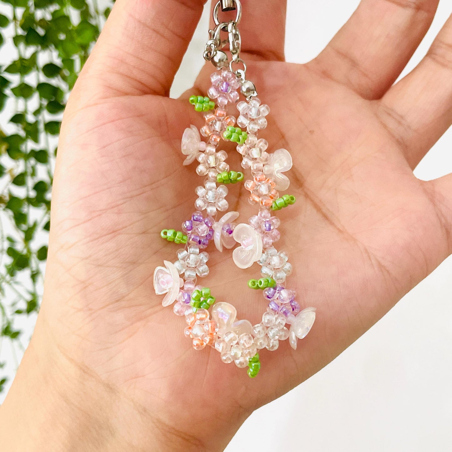 Beaded Flower Phone Strap: Handmade Japanese Rice Beads Bracelet