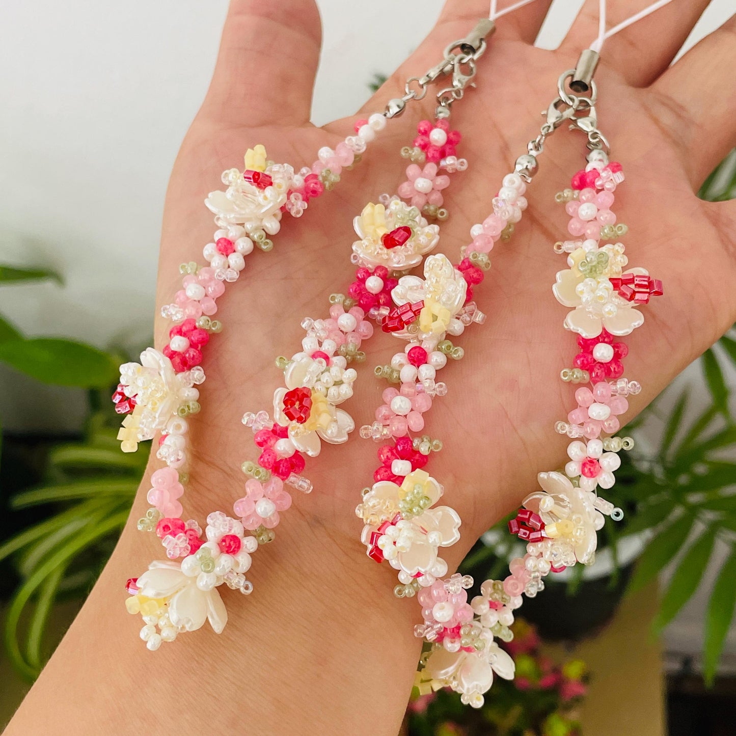 Handmade Beaded Flower Phone Charm Strap: Strawberry Red Bracelet