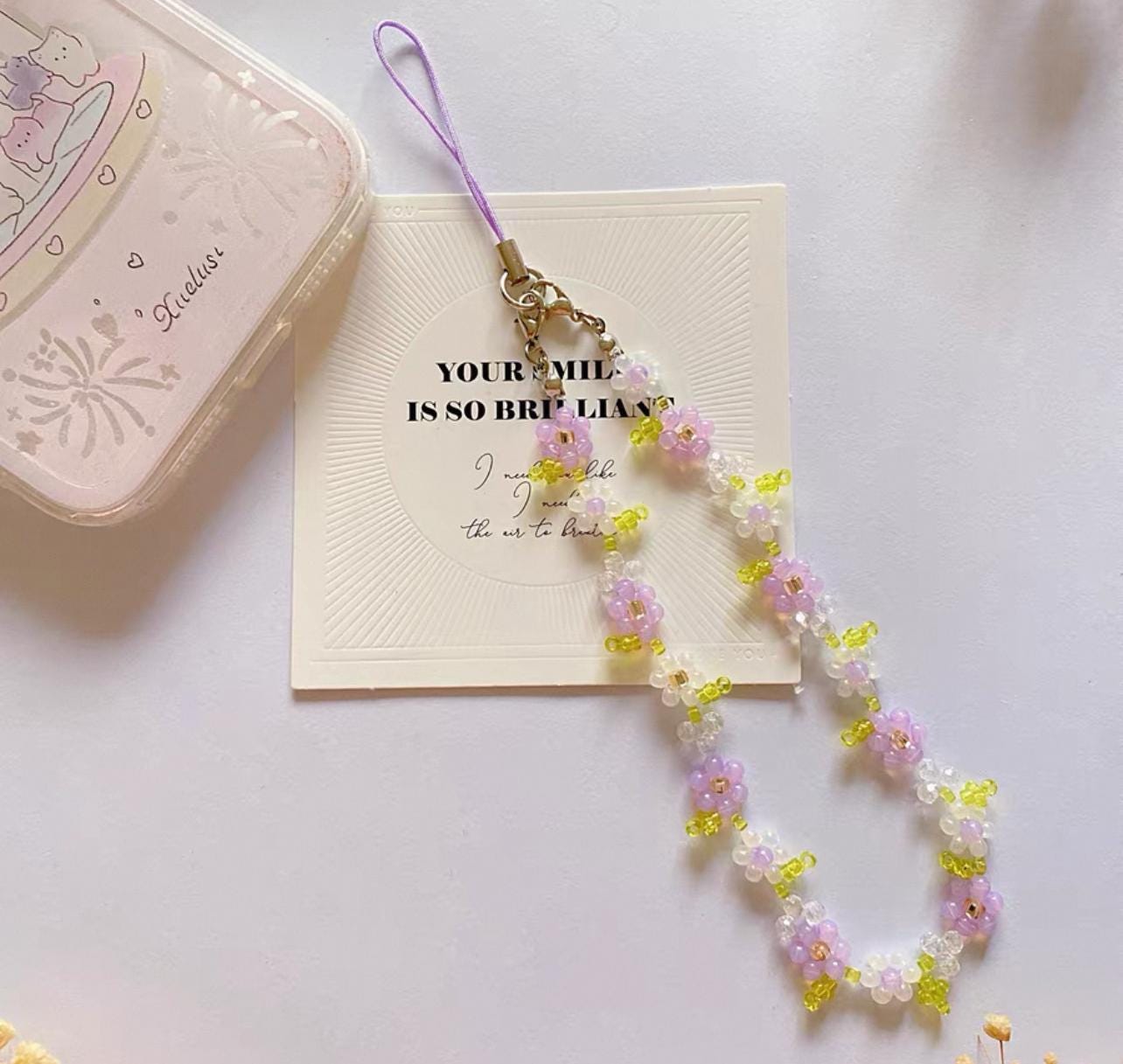 Orchid Beaded Phone Charm Strap: Handmade Cell Phone Chain Bracelet