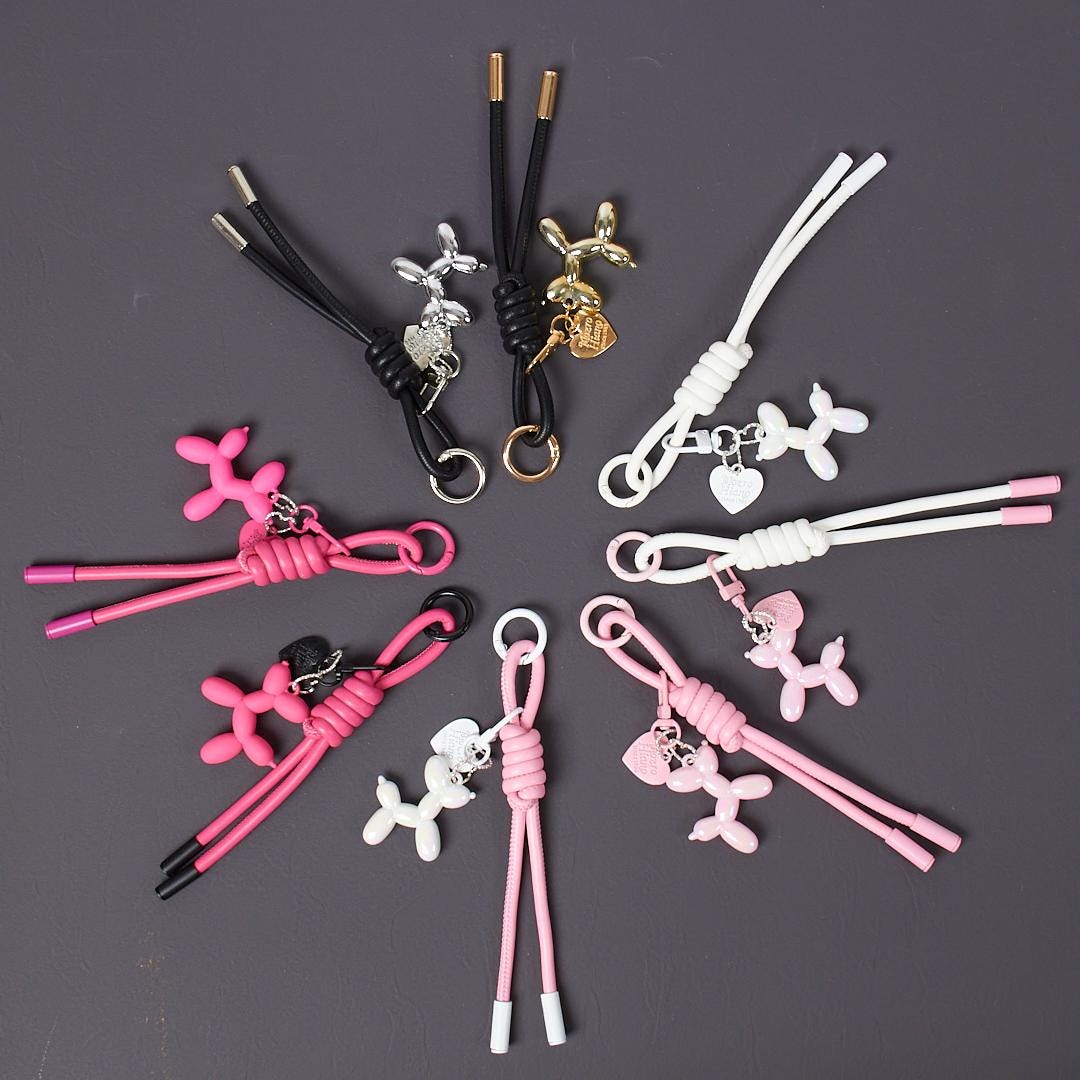 Balloon Dog Keychain, Leather Rope Bag Charm - Purse Accessory