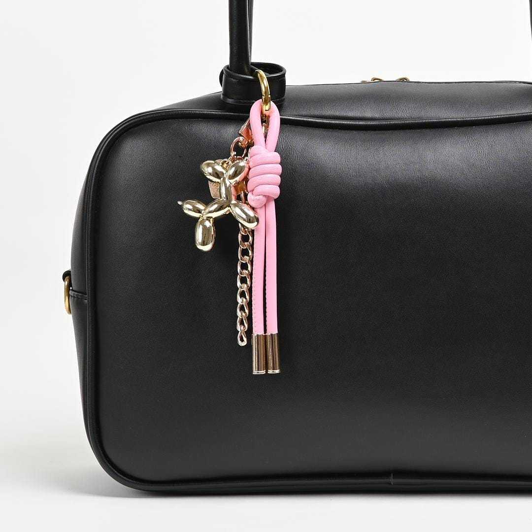 Braided Leather Rope Balloon Dog Charm, Metal Chain Link Bag Accessory (Gold/Silver)