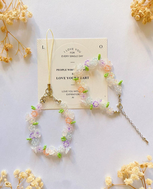 Beaded Flower Phone Strap: Handmade Japanese Rice Beads Bracelet