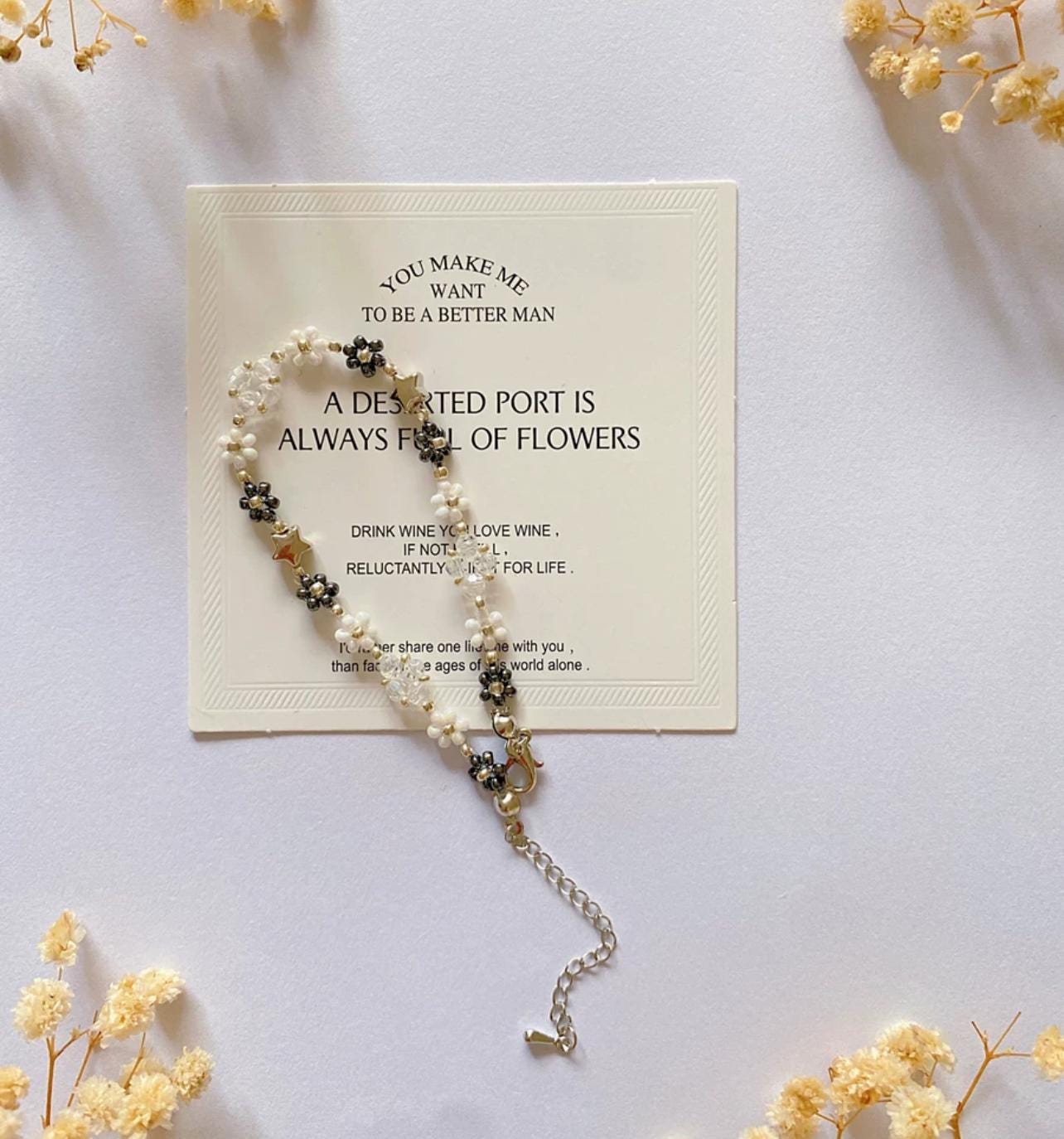 Minimalism Star Phone Charm Strap Bracelet, Beaded Black White Flower Cell Phone Chain Bracelets, Handmade Phone Strap, Gift for Her