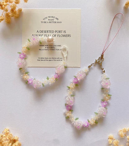 Floral Wonderland Phone Charm Strap Bracelet, Beaded Pink Flower Cell Phone Chain Bracelets, Handmade Phone Strap, Gift for Her