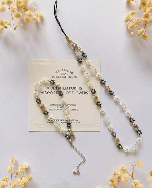 Minimalism Star Phone Charm Strap Bracelet, Beaded Black White Flower Cell Phone Chain Bracelets, Handmade Phone Strap, Gift for Her