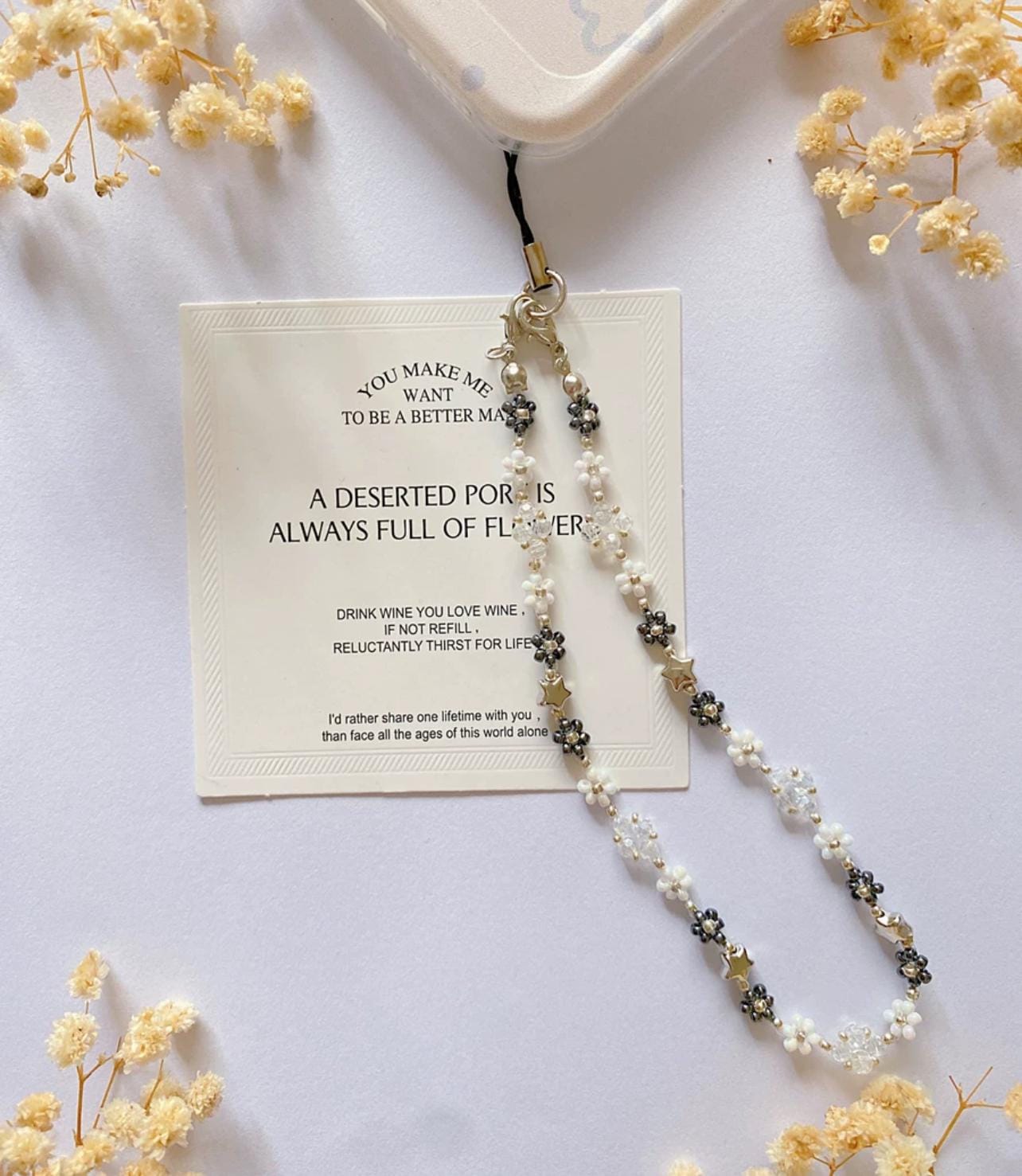 Minimalism Star Phone Charm Strap Bracelet, Beaded Black White Flower Cell Phone Chain Bracelets, Handmade Phone Strap, Gift for Her