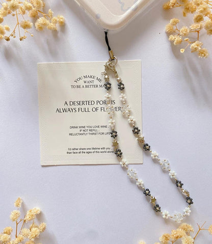 Minimalism Star Phone Charm Strap Bracelet, Beaded Black White Flower Cell Phone Chain Bracelets, Handmade Phone Strap, Gift for Her