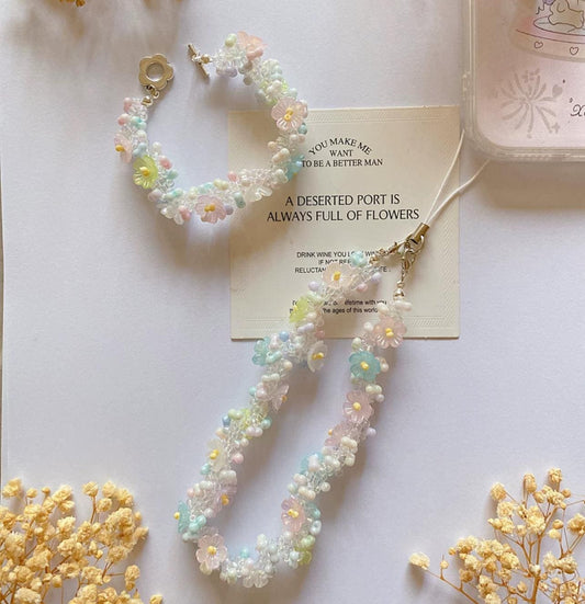 Handmade Beaded Flower Phone Charm Strap: Pastel Bracelet