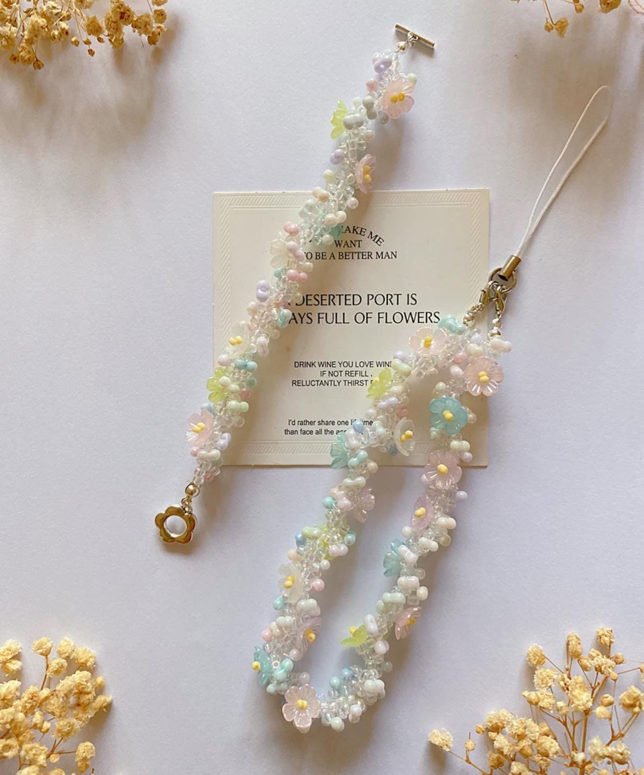 Handmade Beaded Flower Phone Charm Strap: Pastel Bracelet