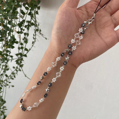 Minimalism Star Phone Charm Strap Bracelet, Beaded Black White Flower Cell Phone Chain Bracelets, Handmade Phone Strap, Gift for Her