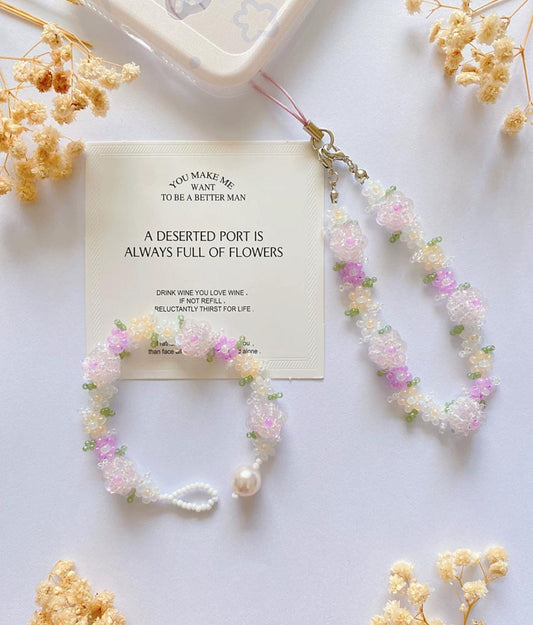 Floral Wonderland Phone Charm Strap Bracelet, Beaded Pink Flower Cell Phone Chain Bracelets, Handmade Phone Strap, Gift for Her