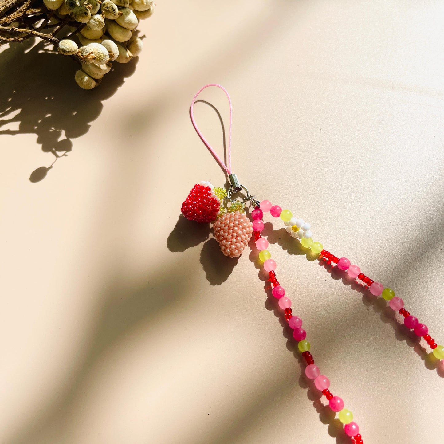 Handmade Strawberry Beaded Phone Charm Strap