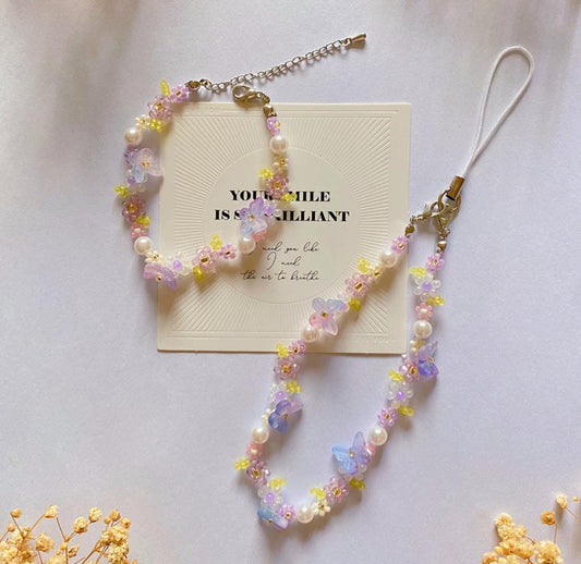 Handmade Pearl Beaded Phone Charm Strap: Butterfly Flower Chain