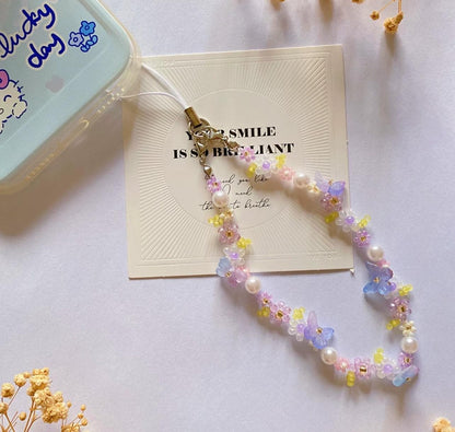 Handmade Pearl Beaded Phone Charm Strap: Butterfly Flower Chain