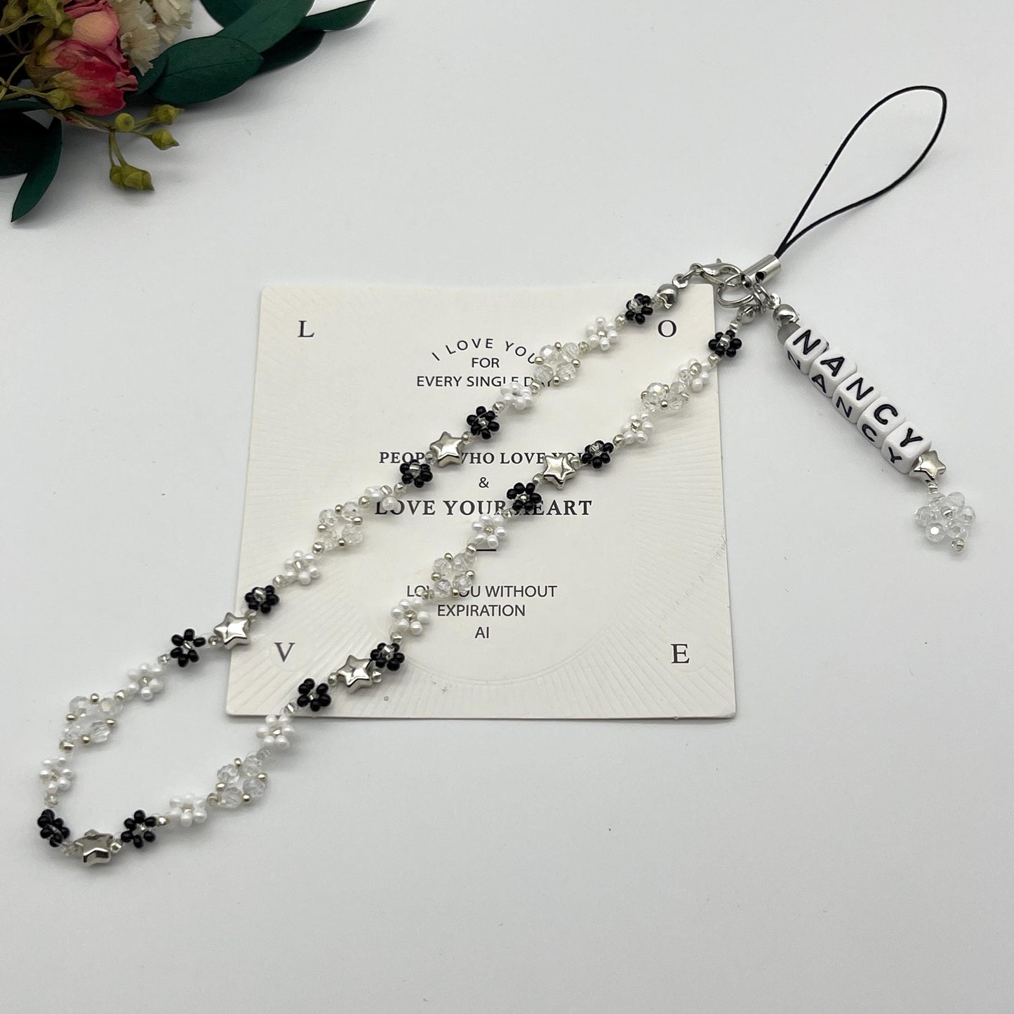 Minimalism Star Phone Charm Strap Bracelet, Beaded Black White Flower Cell Phone Chain Bracelets, Handmade Phone Strap, Gift for Her
