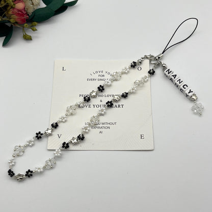 Minimalism Star Phone Charm Strap Bracelet, Beaded Black White Flower Cell Phone Chain Bracelets, Handmade Phone Strap, Gift for Her
