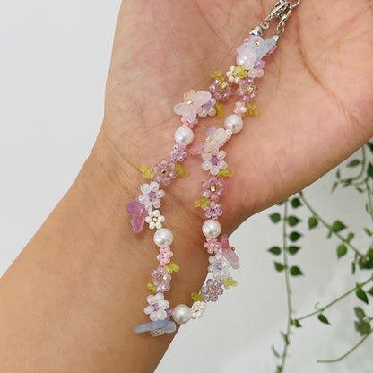 Handmade Pearl Beaded Phone Charm Strap: Butterfly Flower Chain
