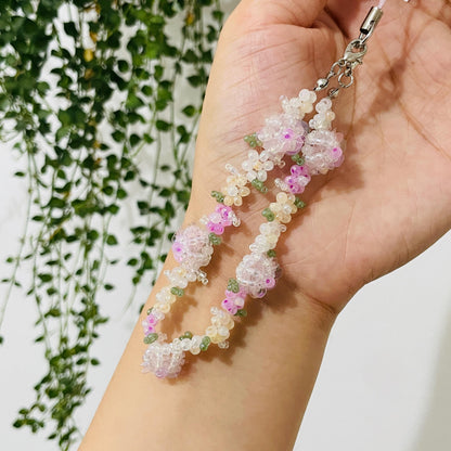 Floral Wonderland Phone Charm Strap Bracelet, Beaded Pink Flower Cell Phone Chain Bracelets, Handmade Phone Strap, Gift for Her