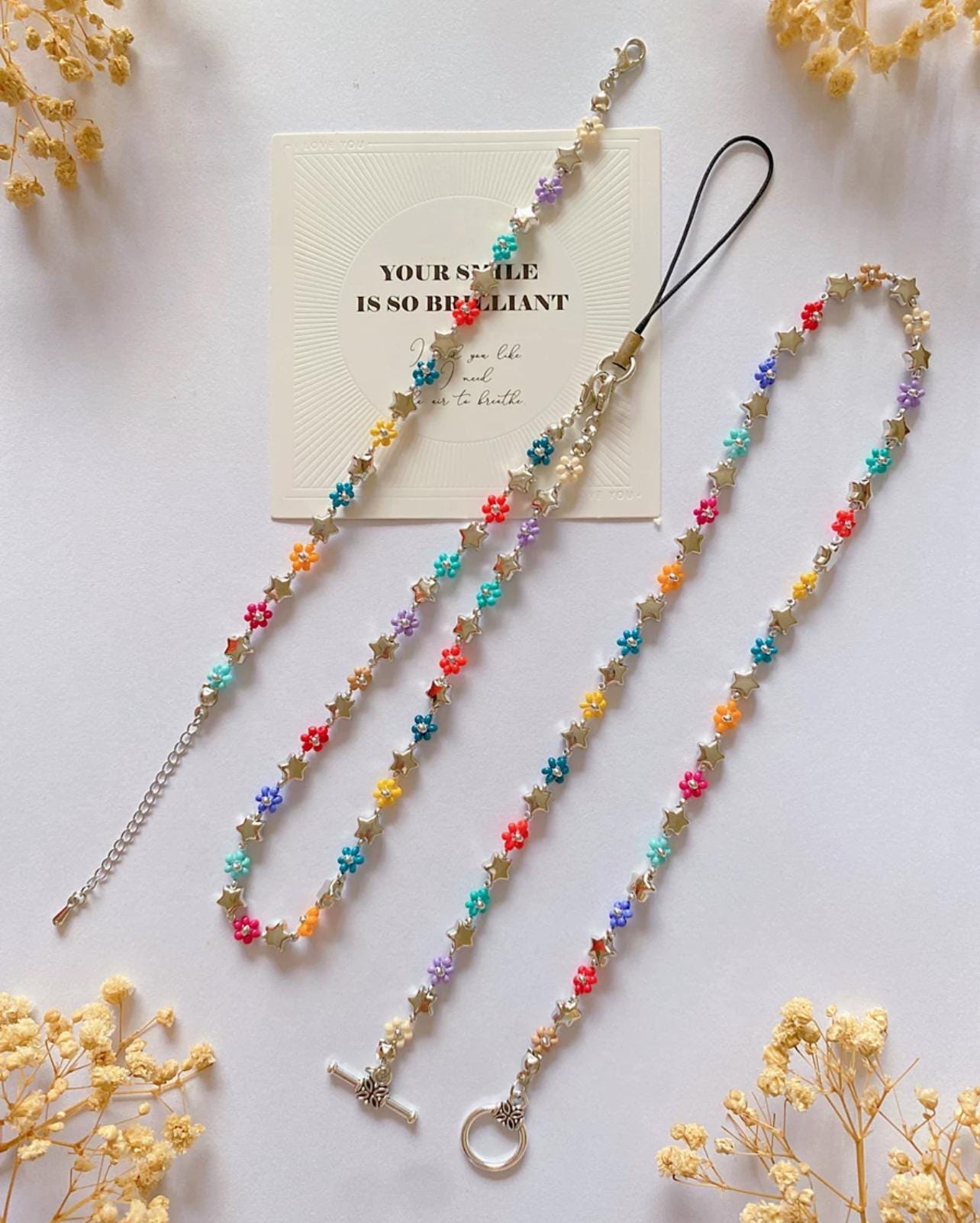 Daisy Beaded Bracelets Choker Phone Strap, Colorful Beaded Jewelry, Aesthetic Flower Phone Chain, Bridgerton Jewellery Gift