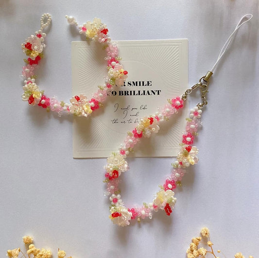 Handmade Beaded Flower Phone Charm Strap: Strawberry Red Bracelet