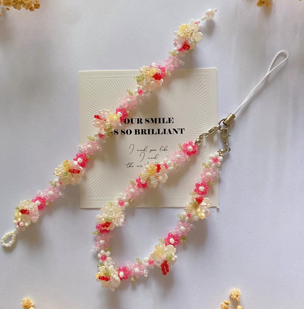 Handmade Beaded Flower Phone Charm Strap: Strawberry Red Bracelet