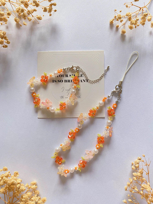 Handmade Orange Flower Beaded Phone Charm Strap Bracelet
