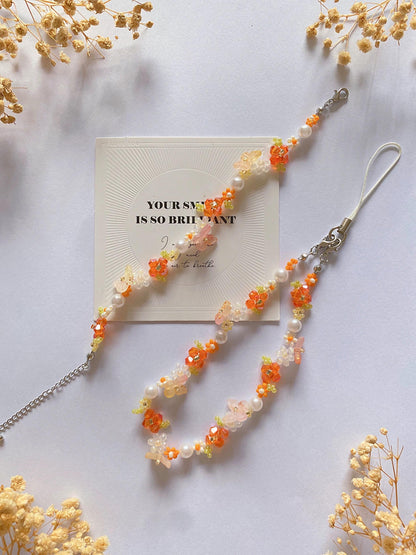 Handmade Orange Flower Beaded Phone Charm Strap Bracelet