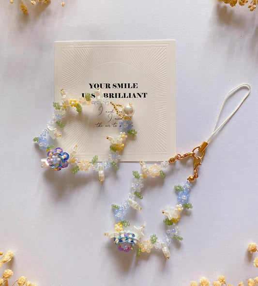 Handmade Beaded Bracelet and Phone Charm: Spring Garden Pearl Crystal Jewelry