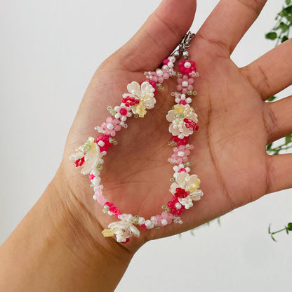 Handmade Beaded Flower Phone Charm Strap: Strawberry Red Bracelet