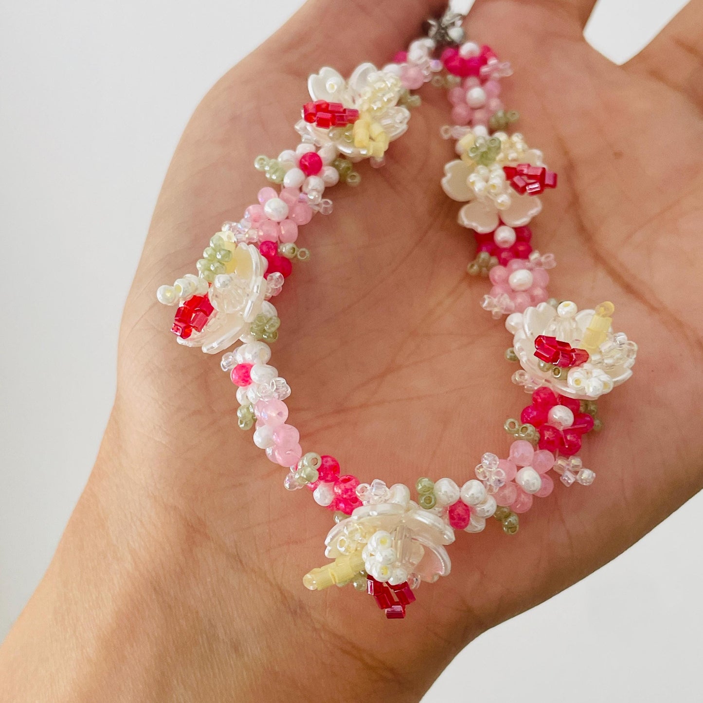 Handmade Beaded Flower Phone Charm Strap: Strawberry Red Bracelet