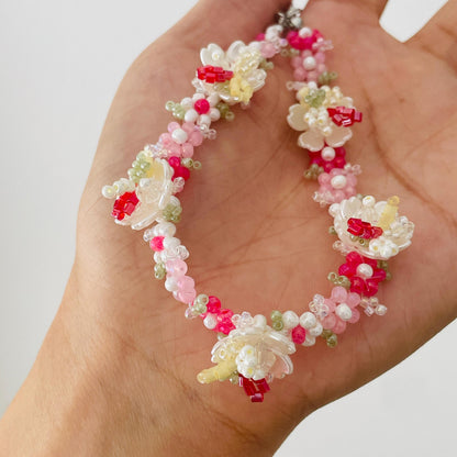 Handmade Beaded Flower Phone Charm Strap: Strawberry Red Bracelet