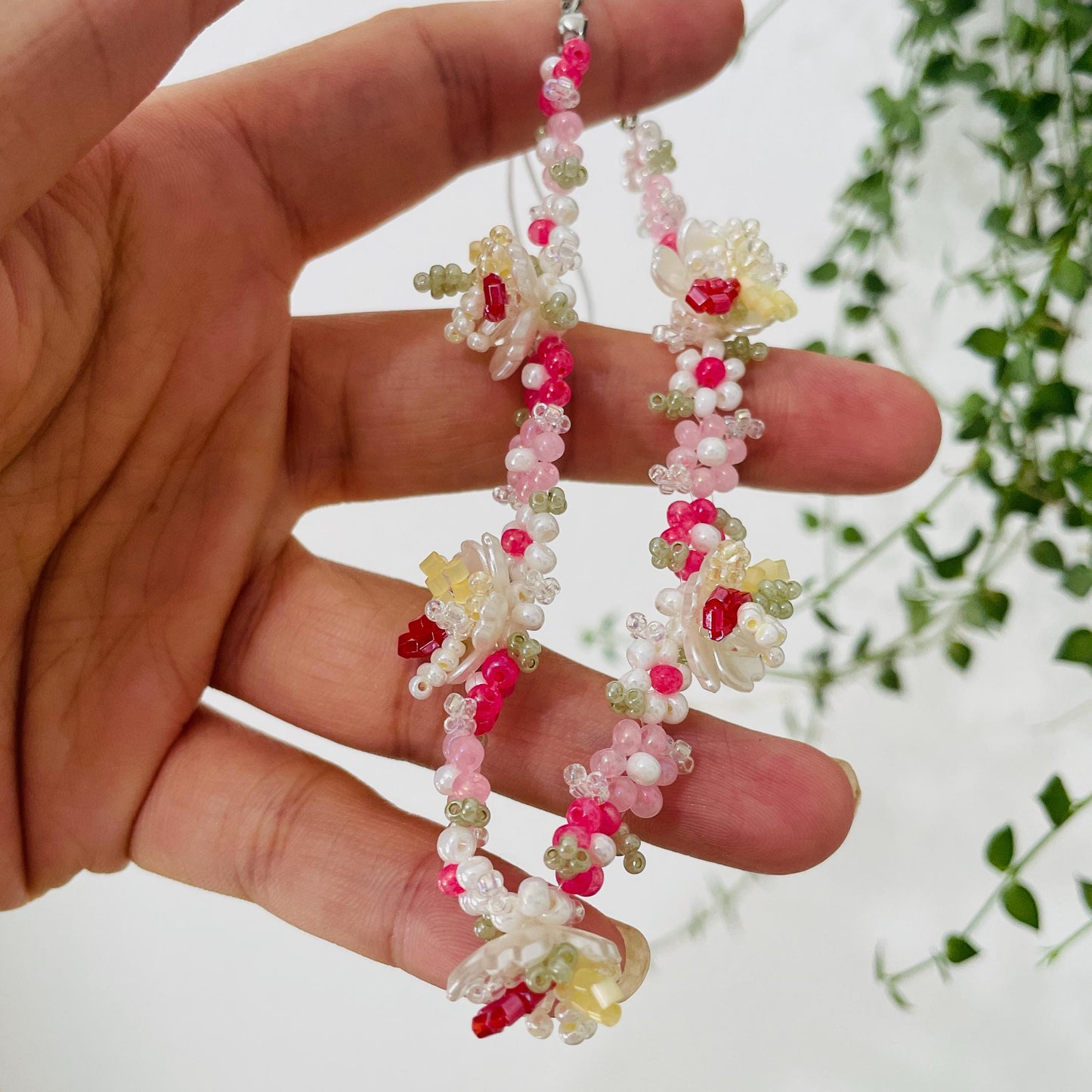 Handmade Beaded Flower Phone Charm Strap: Strawberry Red Bracelet