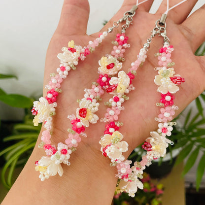 Handmade Beaded Flower Phone Charm Strap: Strawberry Red Bracelet