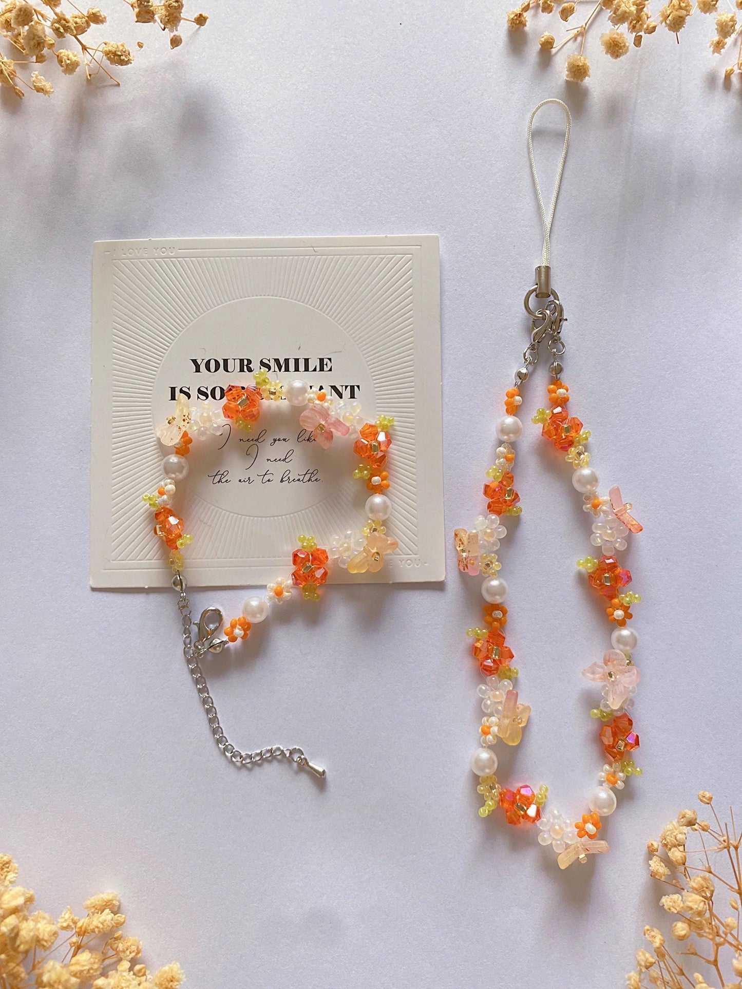 Handmade Orange Flower Beaded Phone Charm Strap Bracelet