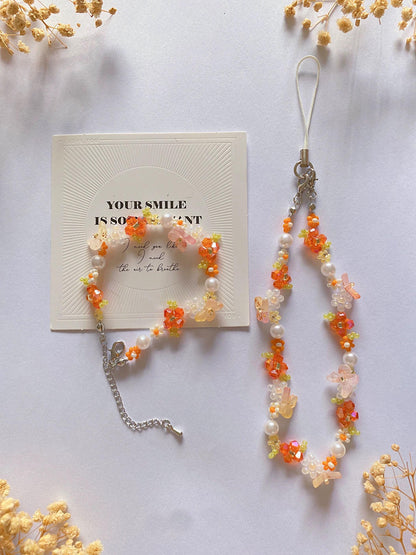 Handmade Orange Flower Beaded Phone Charm Strap Bracelet