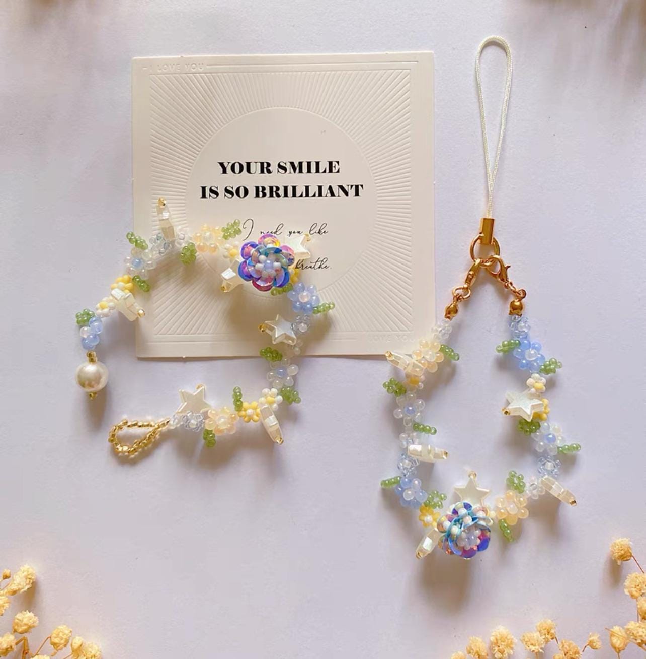 Handmade Beaded Bracelet and Phone Charm: Spring Garden Pearl Crystal Jewelry