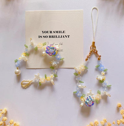 Handmade Beaded Bracelet and Phone Charm: Spring Garden Pearl Crystal Jewelry