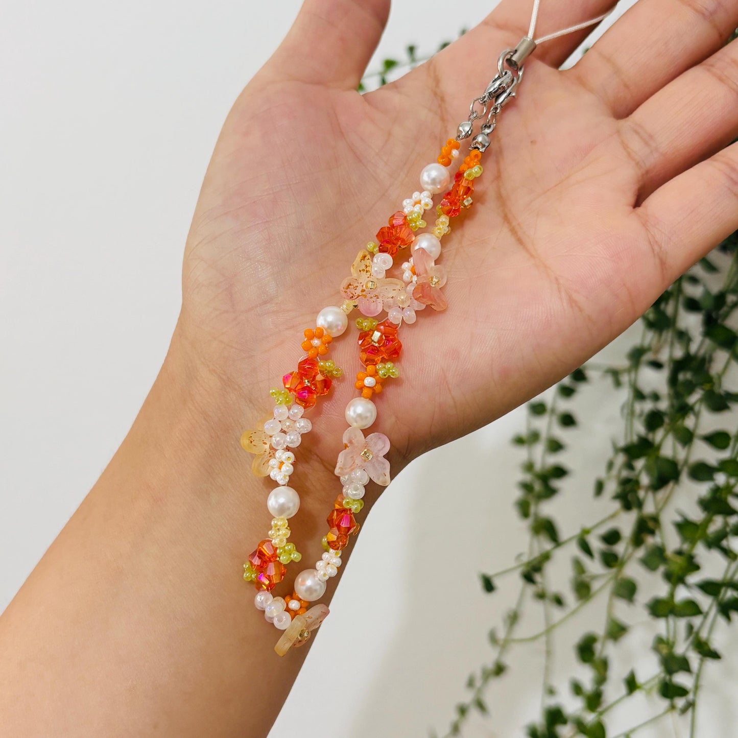 Handmade Orange Flower Beaded Phone Charm Strap Bracelet