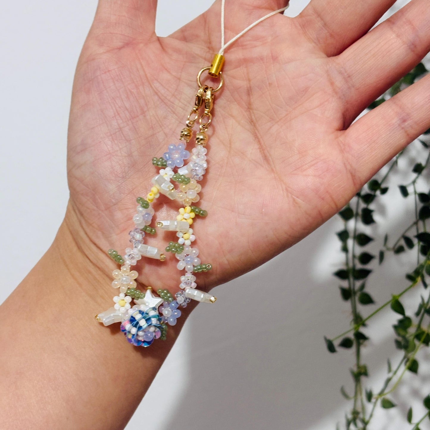 Handmade Beaded Bracelet and Phone Charm: Spring Garden Pearl Crystal Jewelry