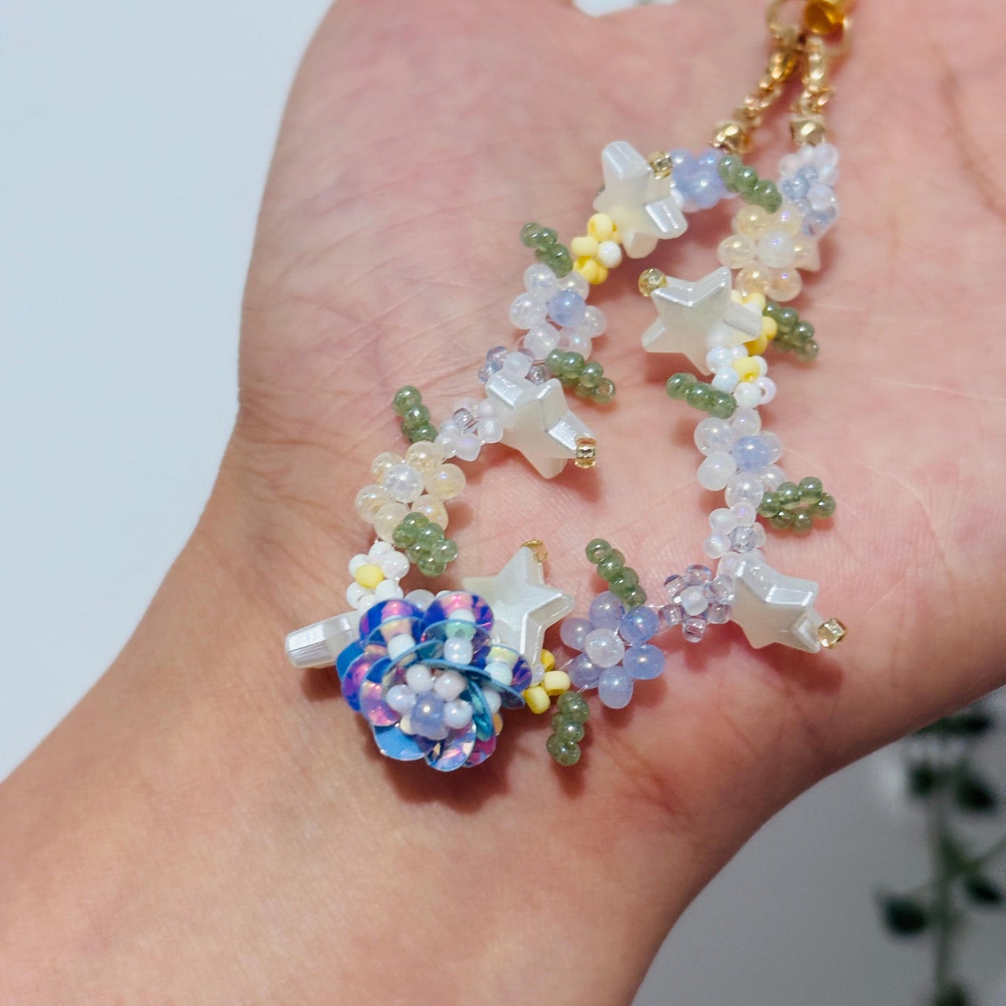 Handmade Beaded Bracelet and Phone Charm: Spring Garden Pearl Crystal Jewelry