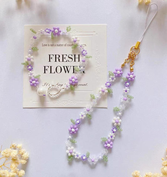 Elegant Violet Beaded Bracelet, Handmade Purple Flower Phone Strap, Handmade Jewelry, Gifts for her