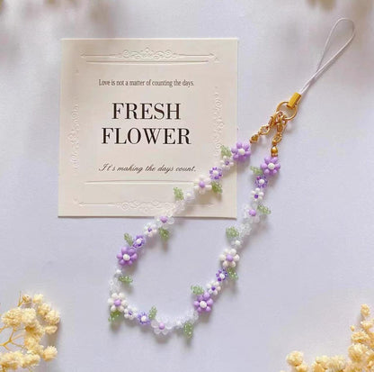 Elegant Violet Beaded Bracelet, Handmade Purple Flower Phone Strap, Handmade Jewelry, Gifts for her