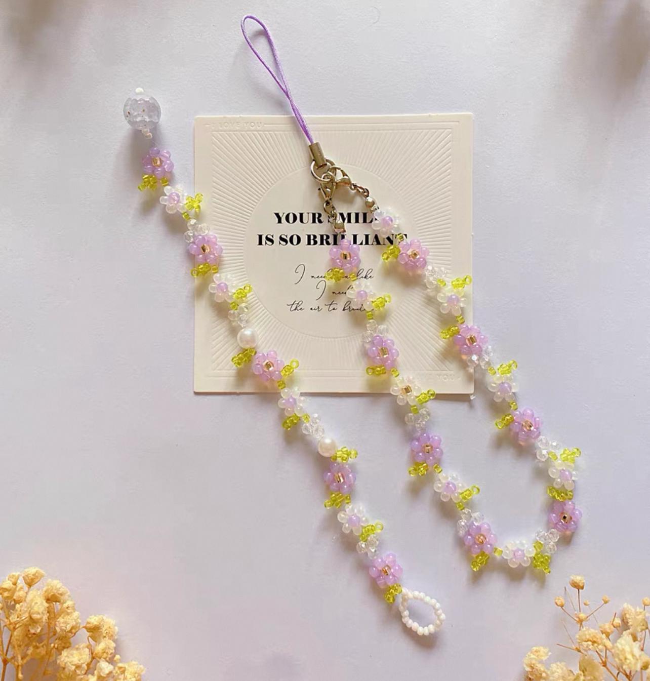 Orchid Beaded Phone Charm Strap: Handmade Cell Phone Chain Bracelet