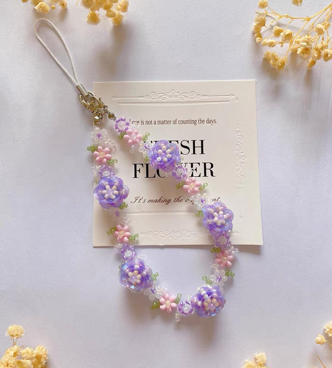 Handmade Purple Rose Beaded Phone Strap Bracelet: Floral Cell Phone Chain