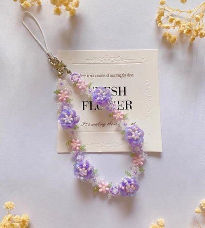 Handmade Purple Rose Beaded Phone Strap Bracelet: Floral Cell Phone Chain