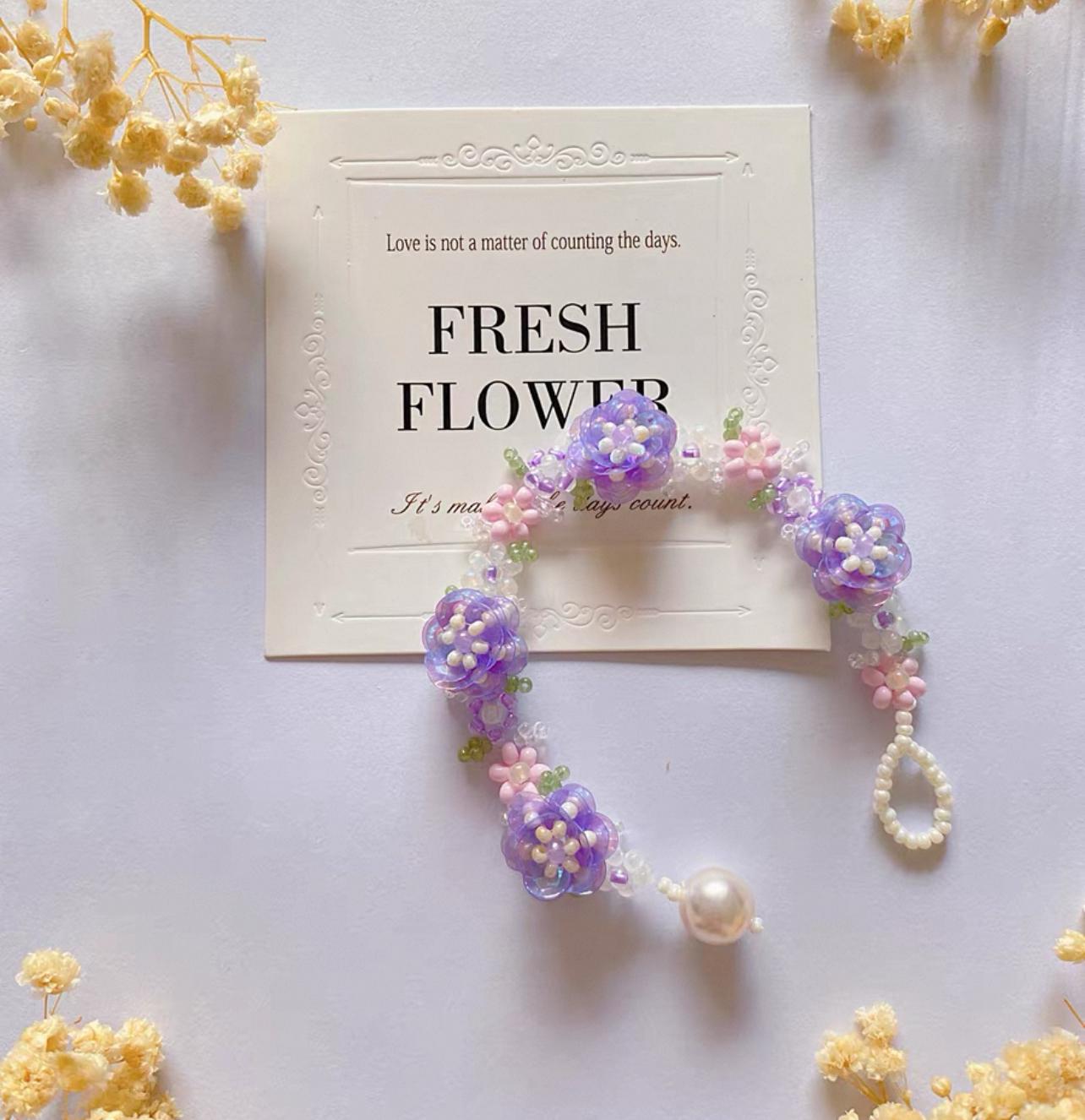 Handmade Purple Rose Beaded Phone Strap Bracelet: Floral Cell Phone Chain