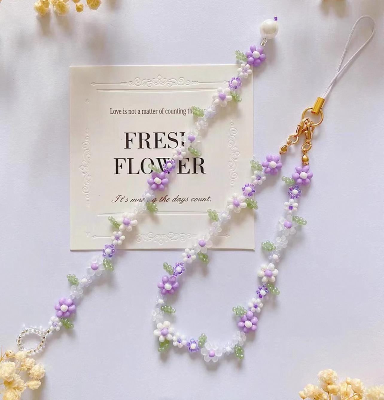 Elegant Violet Beaded Bracelet, Handmade Purple Flower Phone Strap, Handmade Jewelry, Gifts for her