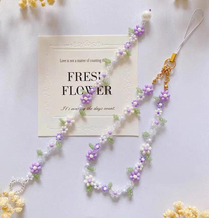 Elegant Violet Beaded Bracelet, Handmade Purple Flower Phone Strap, Handmade Jewelry, Gifts for her